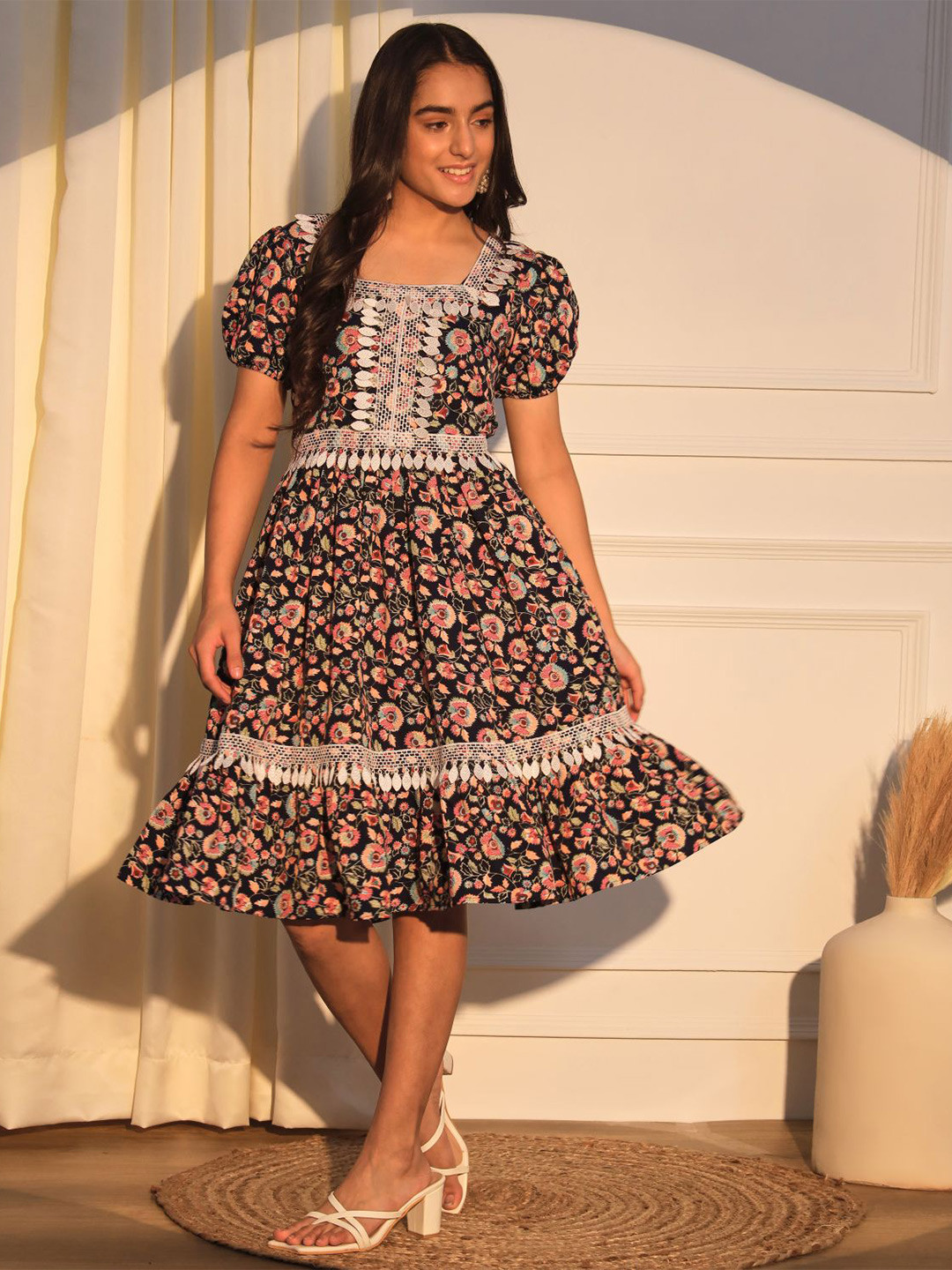 White World Girls Floral Printed Square Neck Fit and Flare Dress
