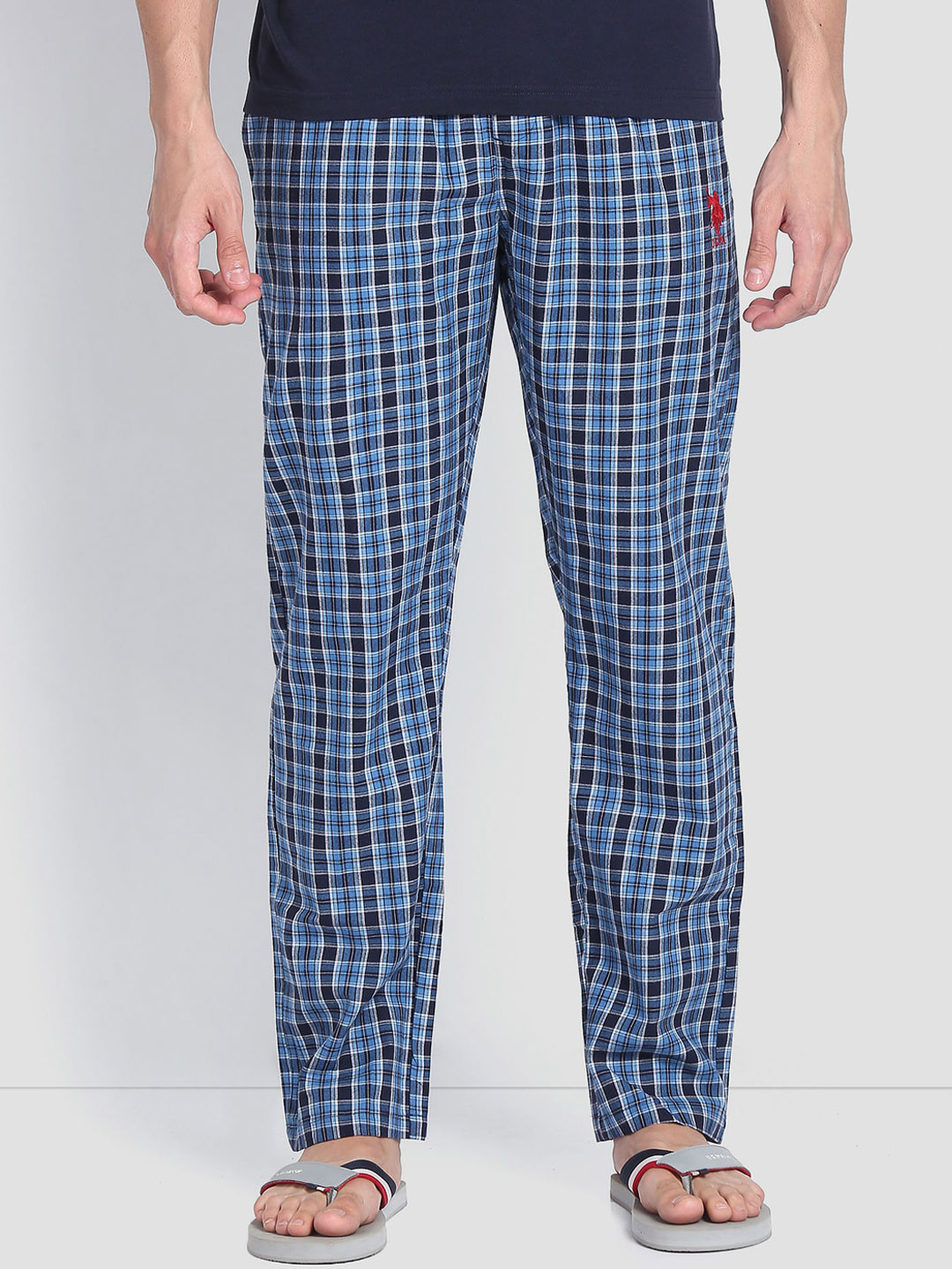 U.S. Polo Assn. Men Checked Pure Cotton Straight Lightweight Lounge Pants