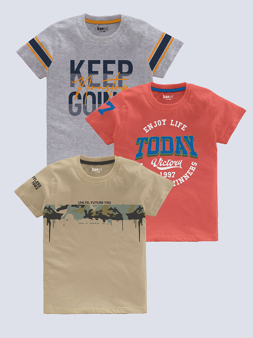 BAESD Boys Pack Of 3 Typography Printed Pure Cotton T-shirt