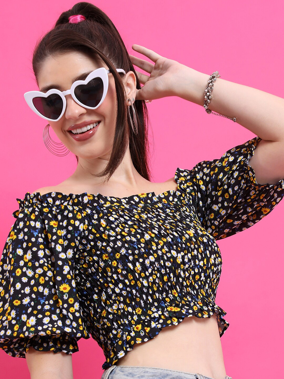 KETCH Floral Printed Off-Shoulder Puff Sleeves Bardot Crop Top