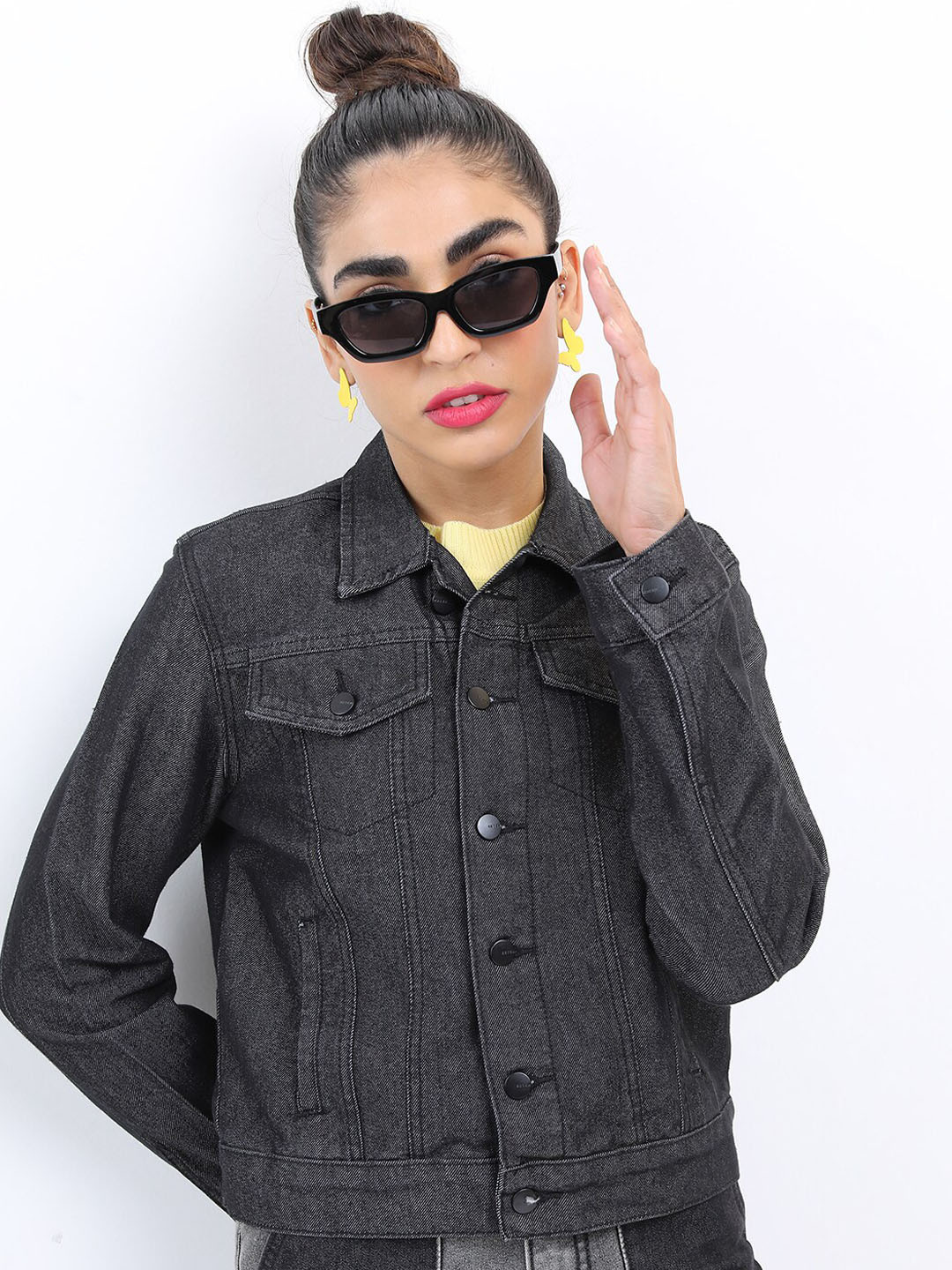 KETCH Washed Spread Collar Crop Bomber Jacket