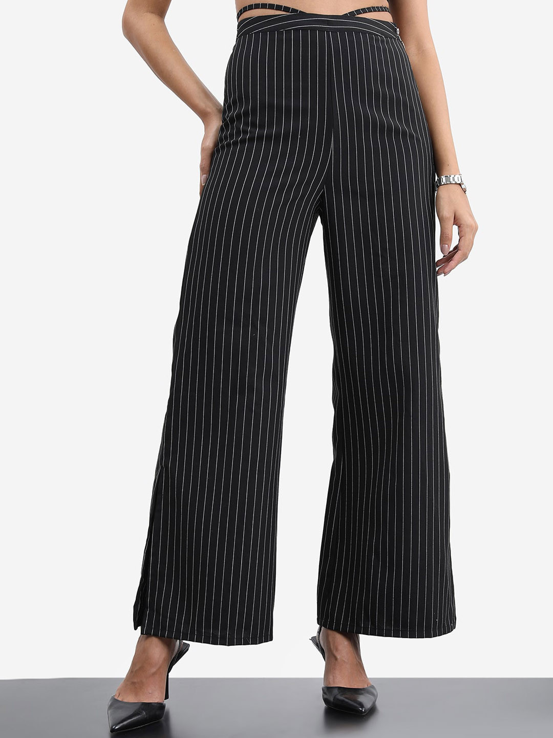 Tokyo Talkies Women Black Striped Parallel Trousers