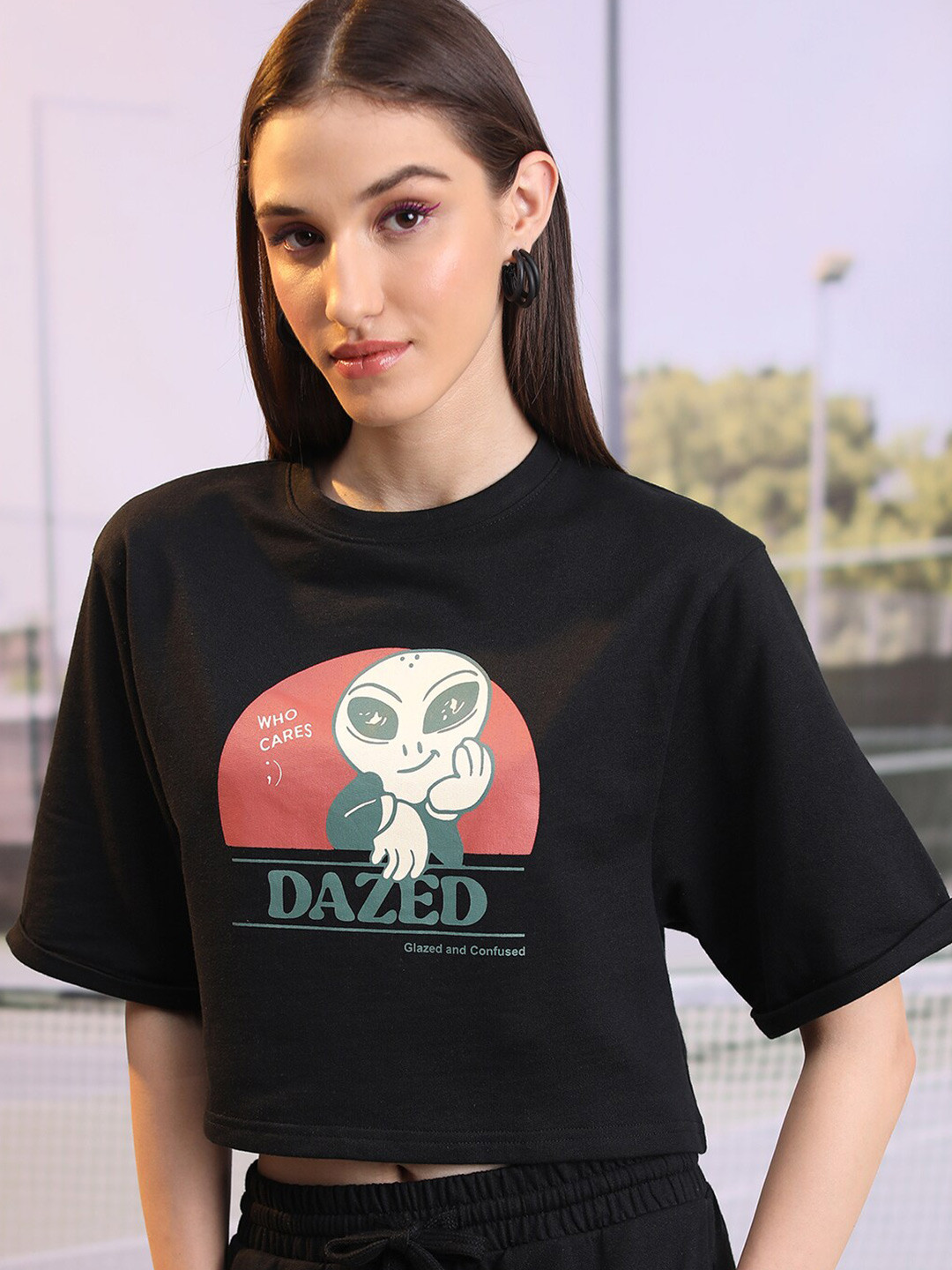 Tokyo Talkies Graphic Printed Casual Cropped Oversized T-shirt