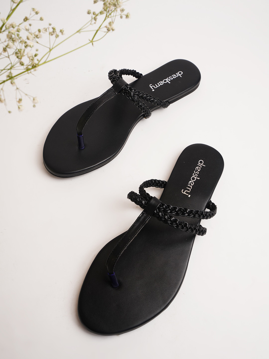 DressBerry Black Braided T-Strap Flats