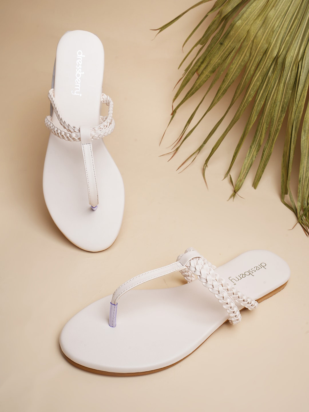 DressBerry White Braided Open Toe T-Strap Flats