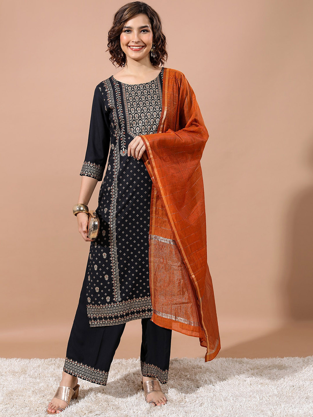 Vishudh Ethnic Motifs Printed Straight Kurta & Palazzos With Dupatta