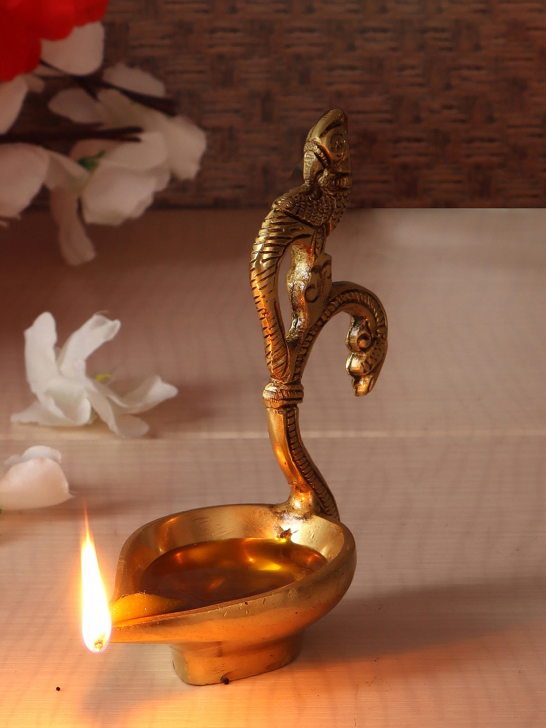 Two Moustaches Gold-Toned Ethnic Curved Peacock Handle Design Brass Diya