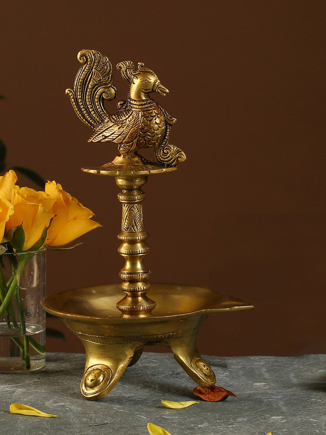 Two Moustaches Peacock Design Oil Diya with Base