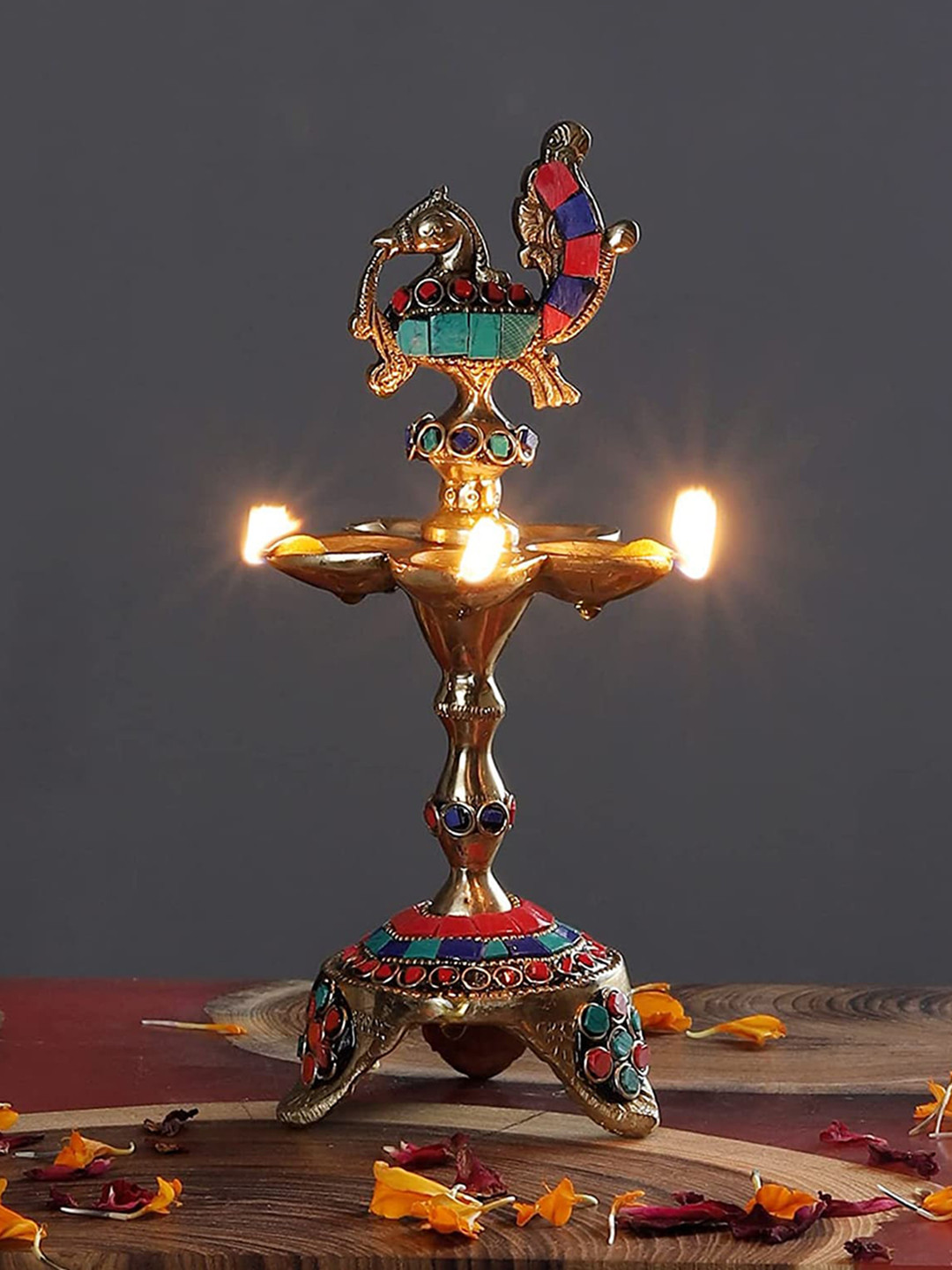 Two Moustaches Beige Gemstone Work Peacock Over Ethnic Carved Legs 5 Oil Wick Brass Diyas