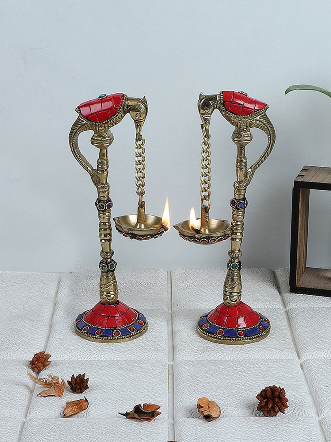 Two Moustaches Beige 2 Pieces Gemstone Work Parrot Design Brass Hanging Diyas