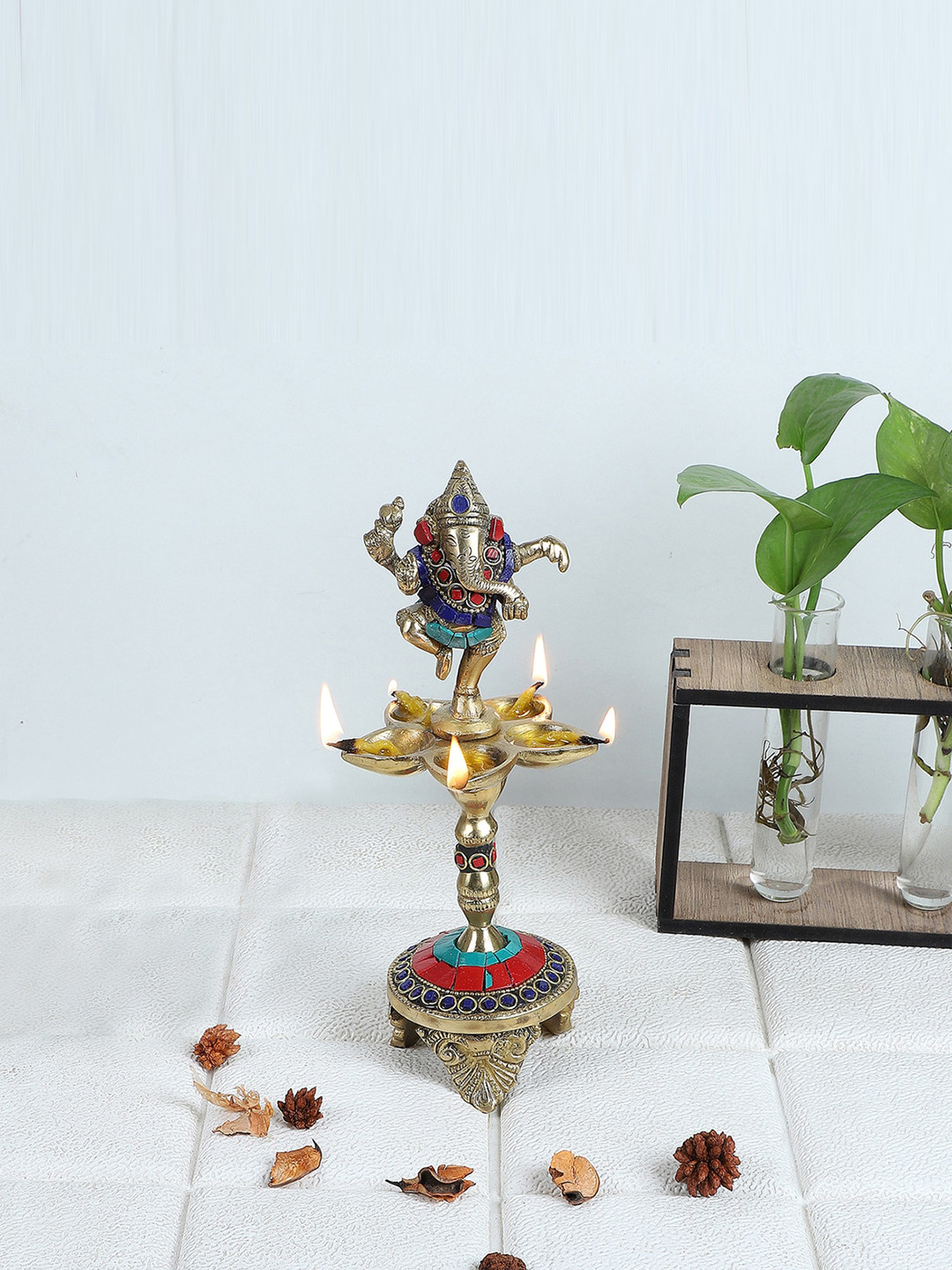 Two Moustaches Gemstone Work Dancing Ganesha Over Ethnic Legs Five Oil Wick Brass Diya