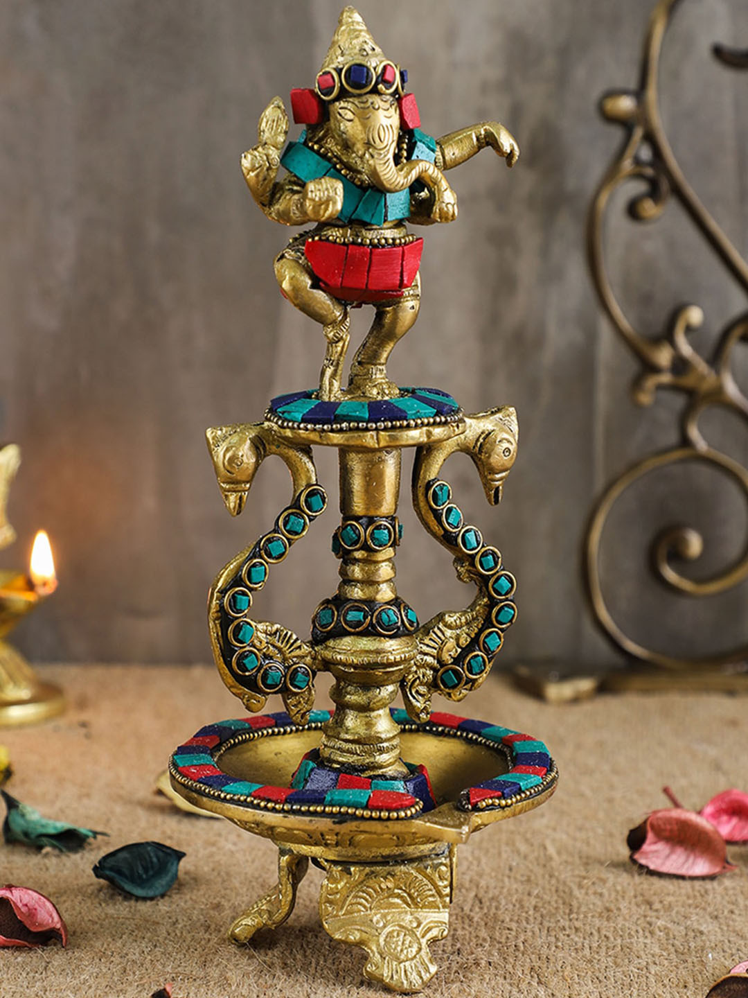 Two Moustaches Gold-Toned Dancing Ganesha Gemstone Work Brass Oil Diya