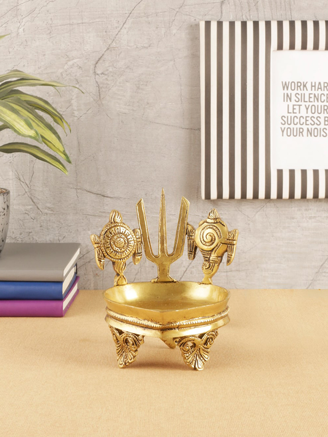 Two Moustaches Beige Shankh Chakra Namah Design Brass Diyas