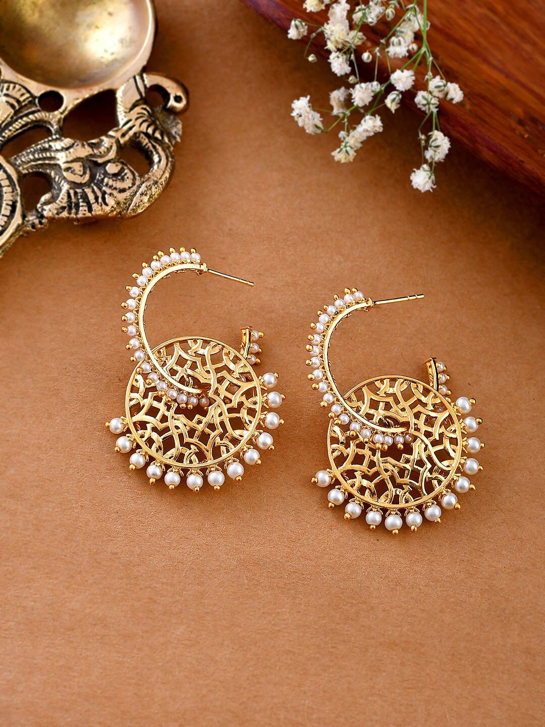 Voylla Nazakat Naaz Gold-Plated Pearl Studded Contemporary Statement Drop Earrings