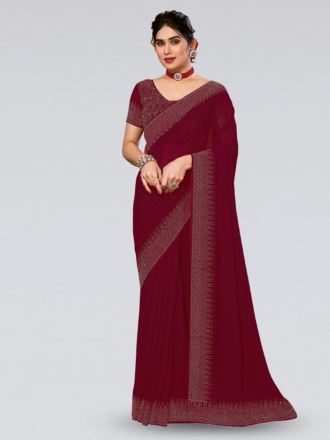 Mitera Maroon & Silver-Toned Embellished Beads and Stones Saree