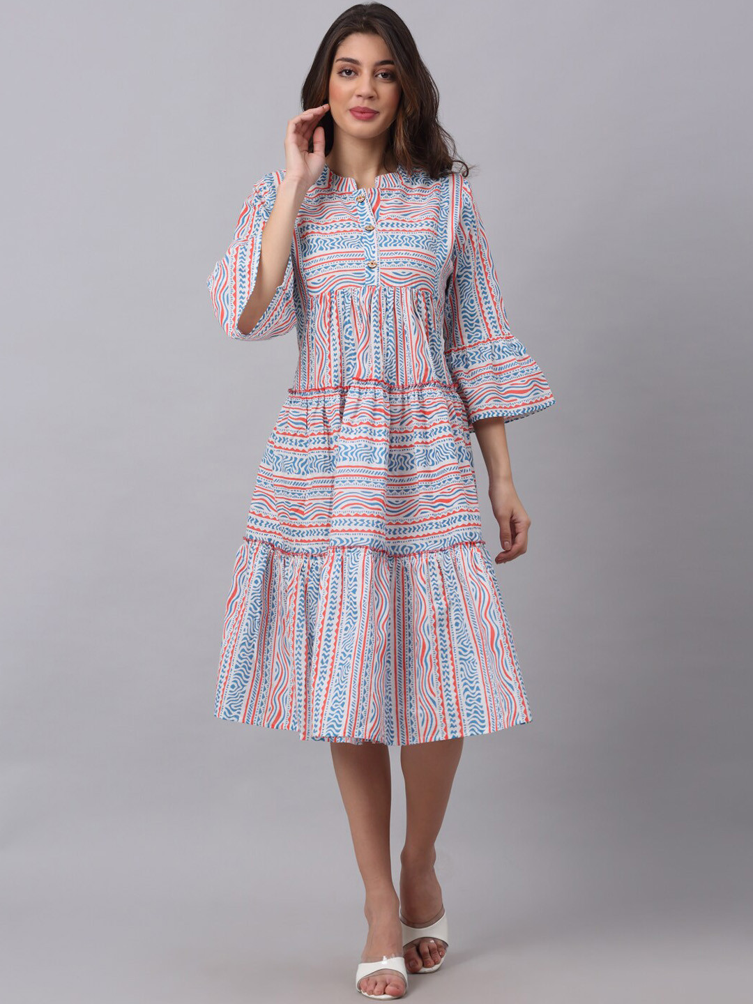 KALINI Printed Bell Sleeves Mandarin Collar Gathered Tiered A-Line Cotton Ethnic Dresss