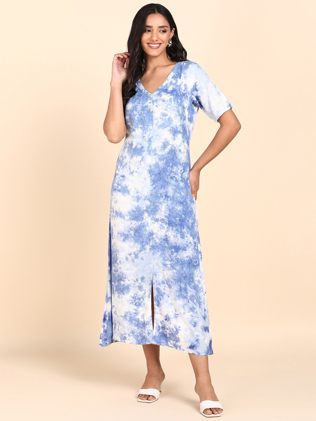 Maaesa Tie and Dye Shirt Style Midi Dress