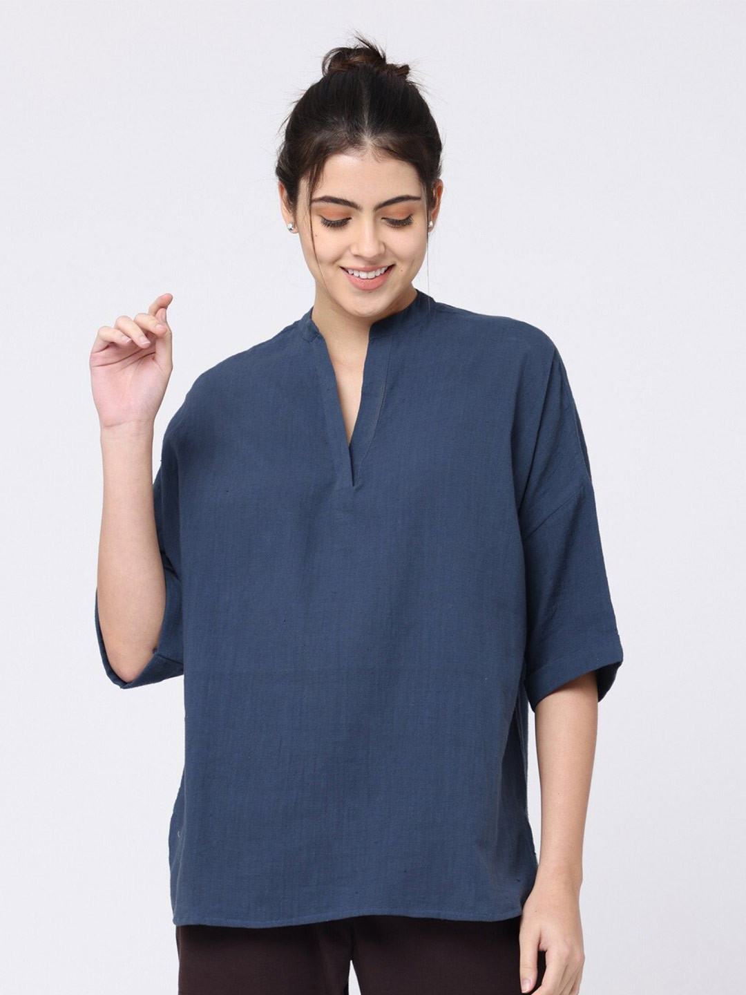 Saltpetre Mandarin Collar Drop-Shoulder Sleeves Organic Cotton Top