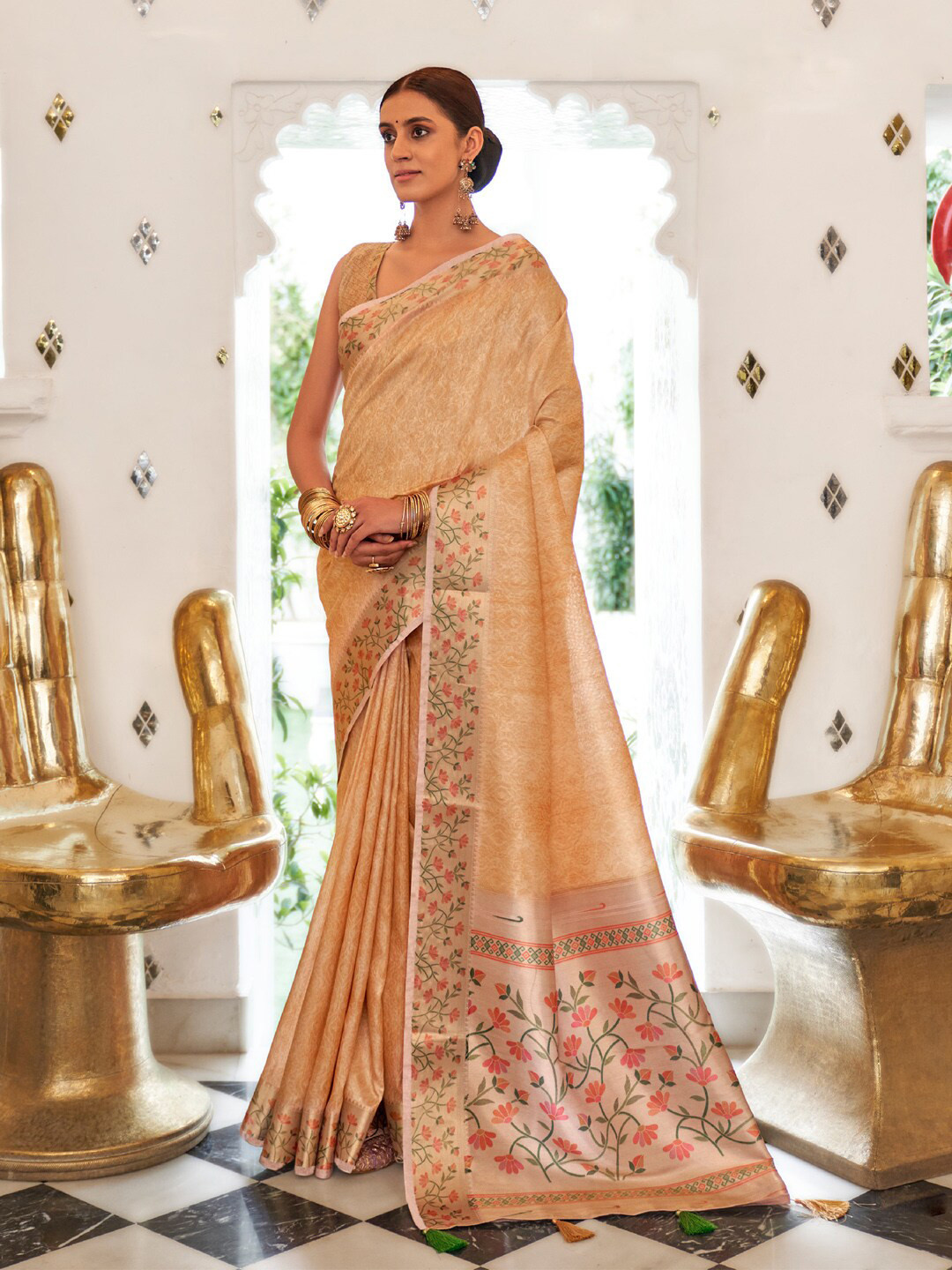 Saree mall Cream Color Floral Zari Silk Blend Sungudi Sarees