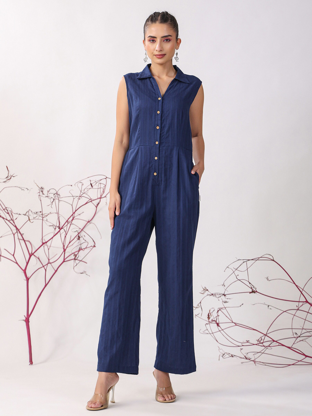 JISORA Spread Collar Gathers Cotton Basic Denim Jumpsuit