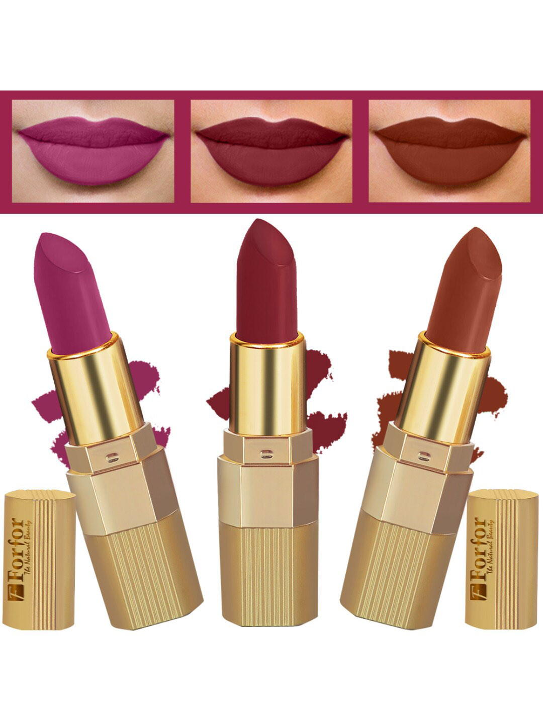 FORFOR Xpression Set Of 3 Stick Matte Lipsticks-Brown Nude 301-Magenta 302-Cherry Red 304