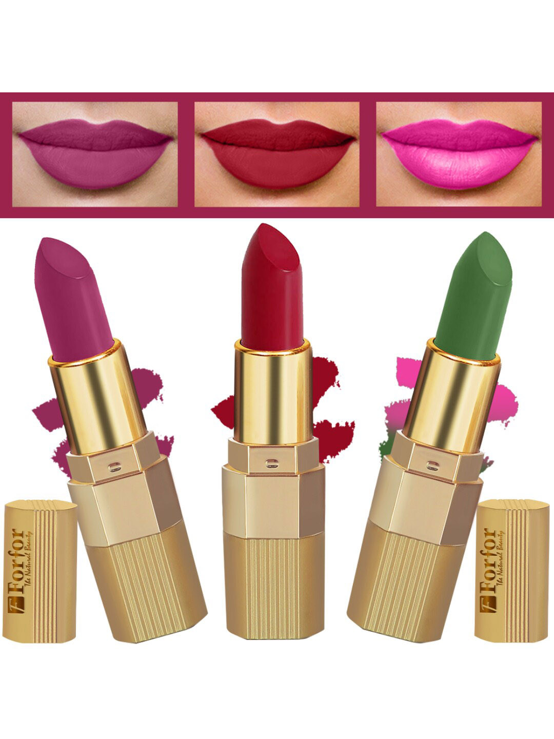 FORFOR Xpression Set Of 3 Stick Matte Lipsticks-Magenta 302-Red Velvet 303-Natural Pink 30