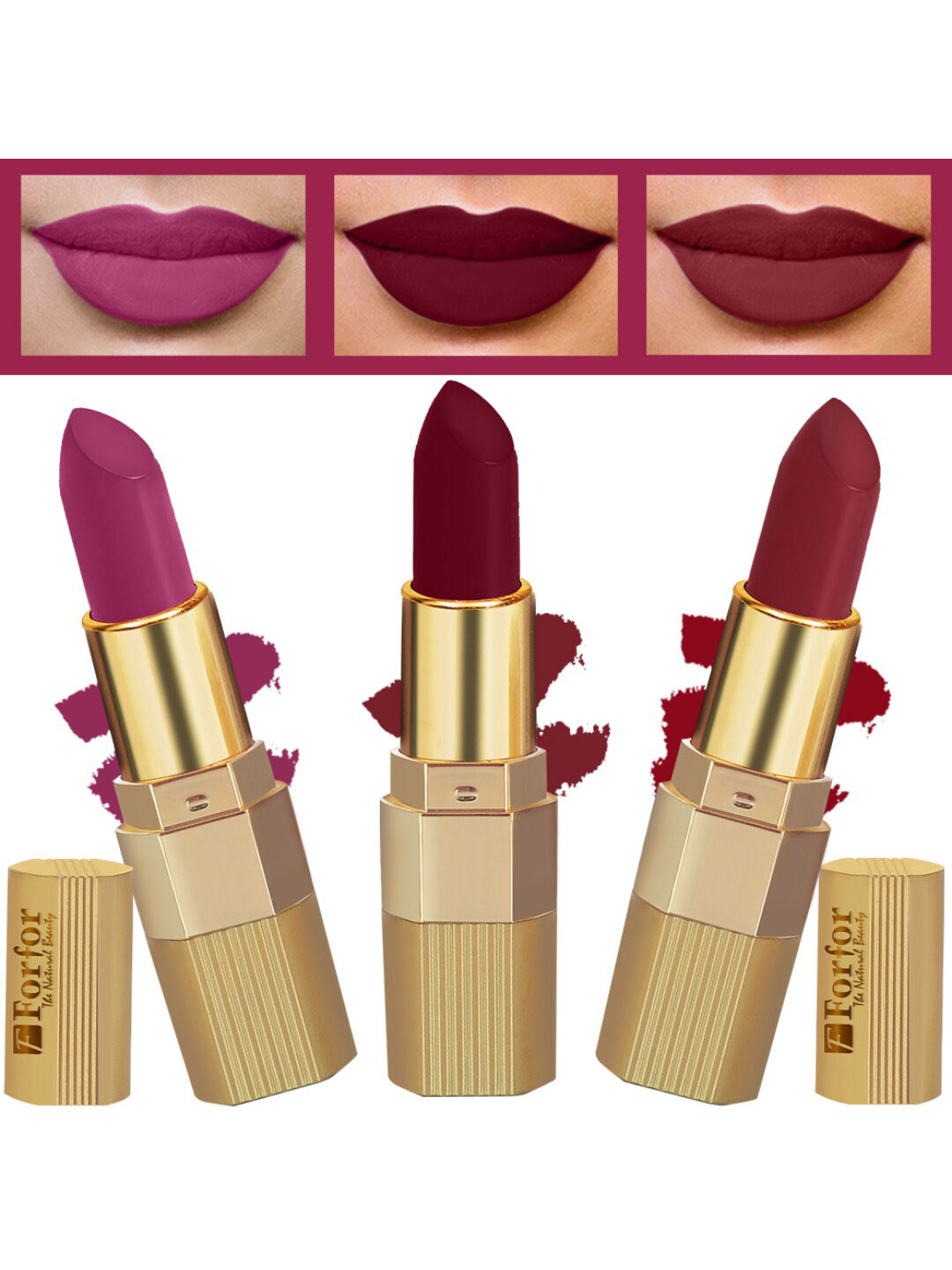 FORFOR Xpression Set Of 3 Stick Matte Lipsticks-Maroon Matte 307-Cherry Red 304-Magenta 30