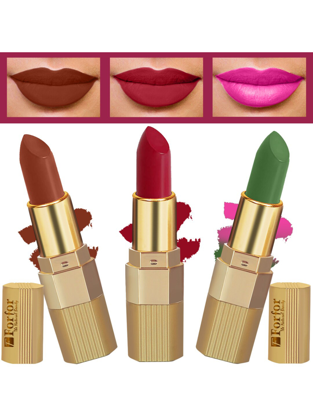 FORFOR Xpression 3Pcs Stick Matte Lipsticks-Brown Nude 301-Red Velvet 303-Natural Pink 305
