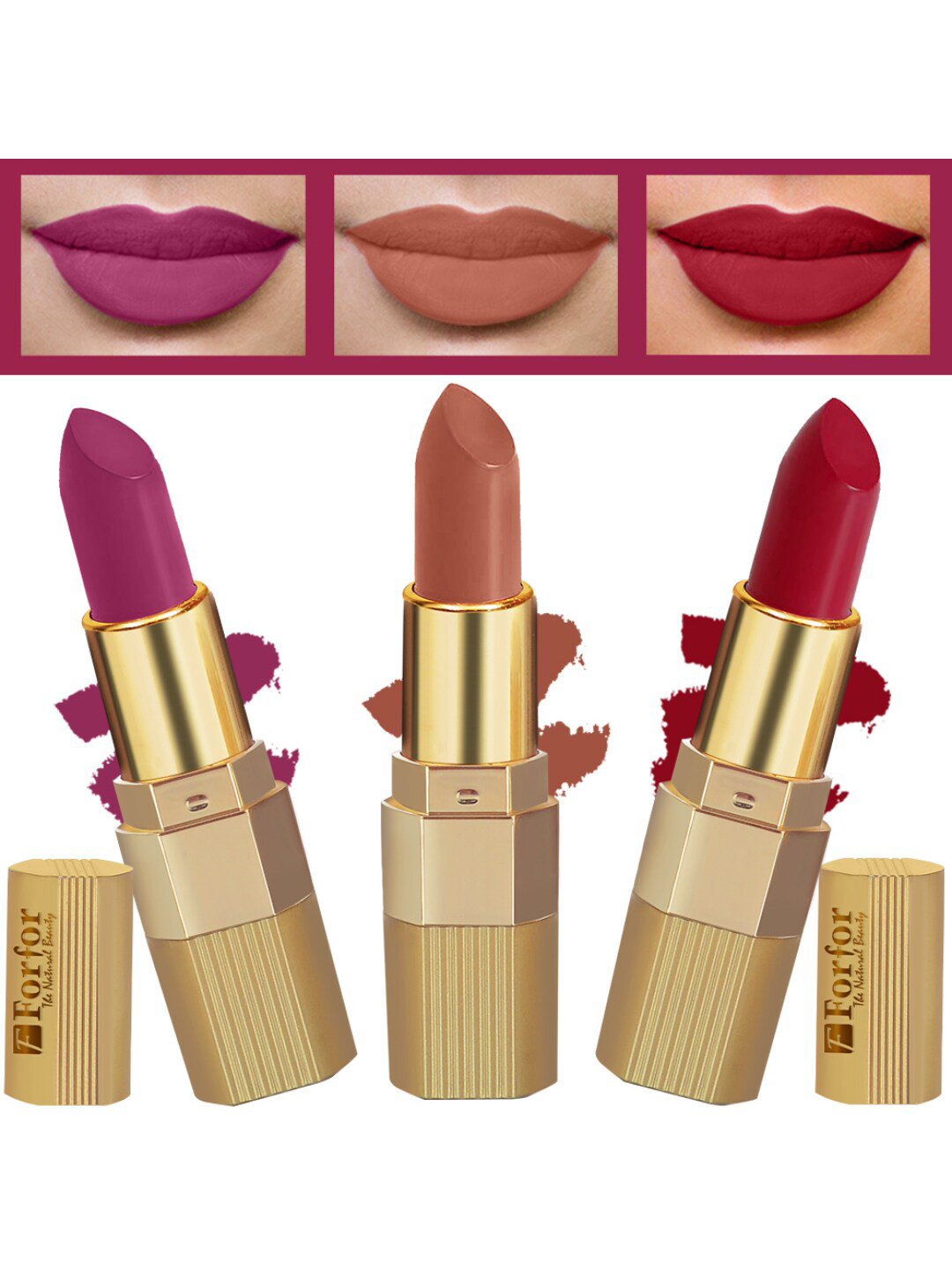 FORFOR Xpression Set Of 3 Stick Matte Lipsticks-Nude Matte 306-Red Velvet 303-Magenta 302