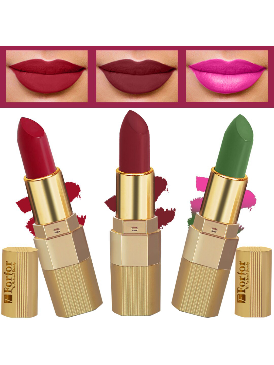 FORFOR Xpression 3Pcs Stick Matte Lipsticks-Red Velvet 303-Cherry Red 304-Natural Pink 305