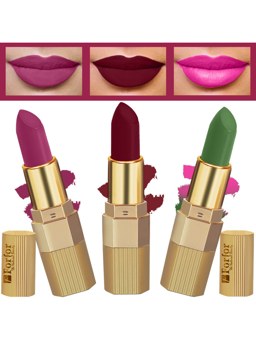 FORFOR Xpression 3Pcs Stick Matte Lipsticks-Maroon Matte 307-Natural Pink 305-Magenta 302