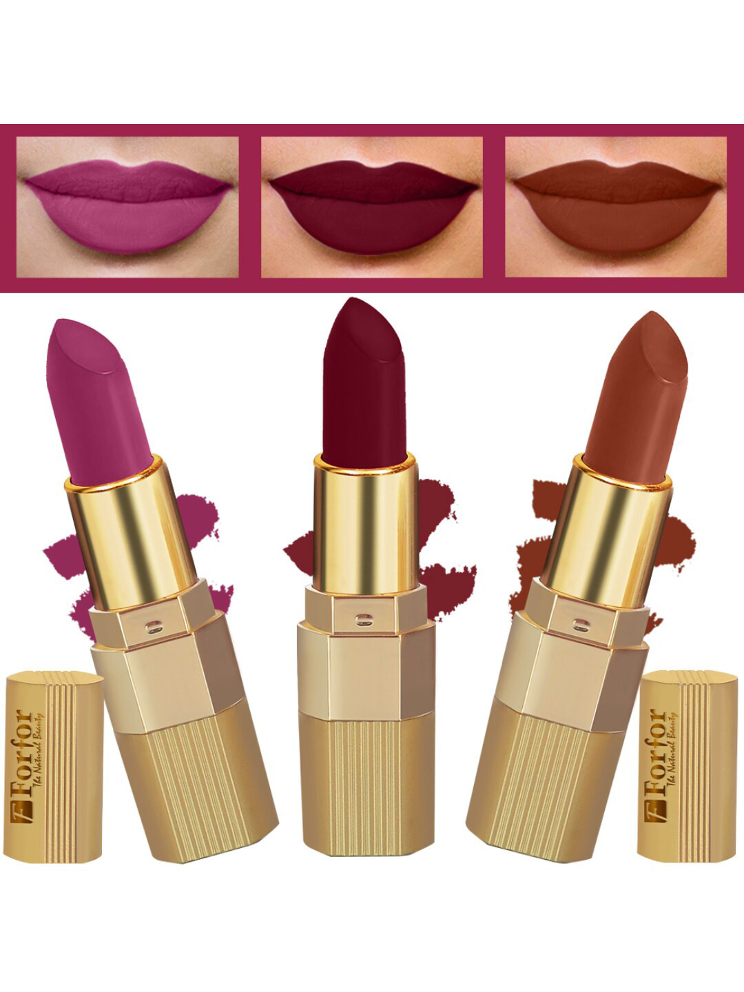 FORFOR Set Of 3 Xpression Matte Lipsticks - Maroon Matte 307-Brown Nude 301-Magenta 30