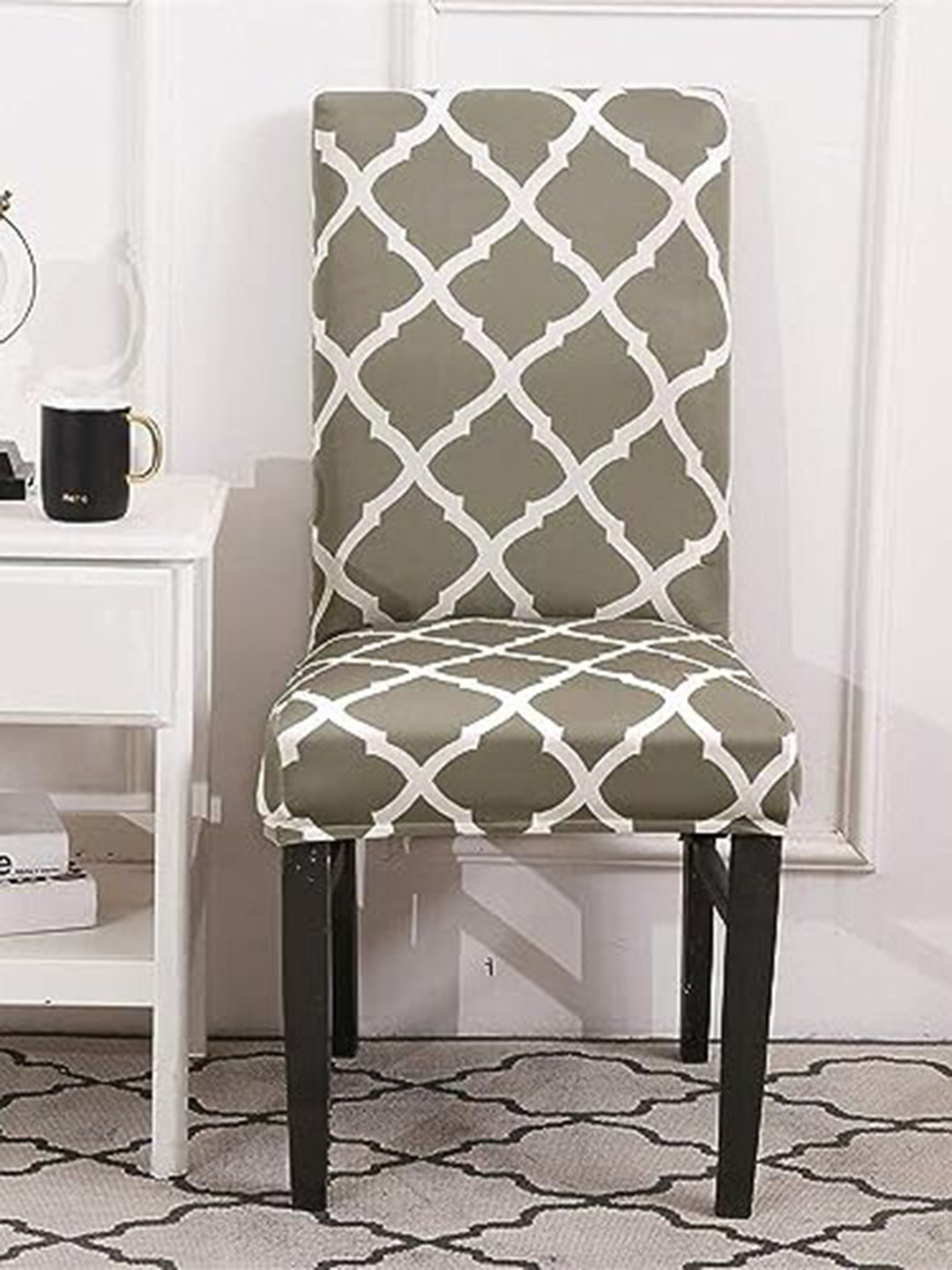 HOUSE OF QUIRK Grey & White 4 Pieces Printed Square Elastic Chair Covers