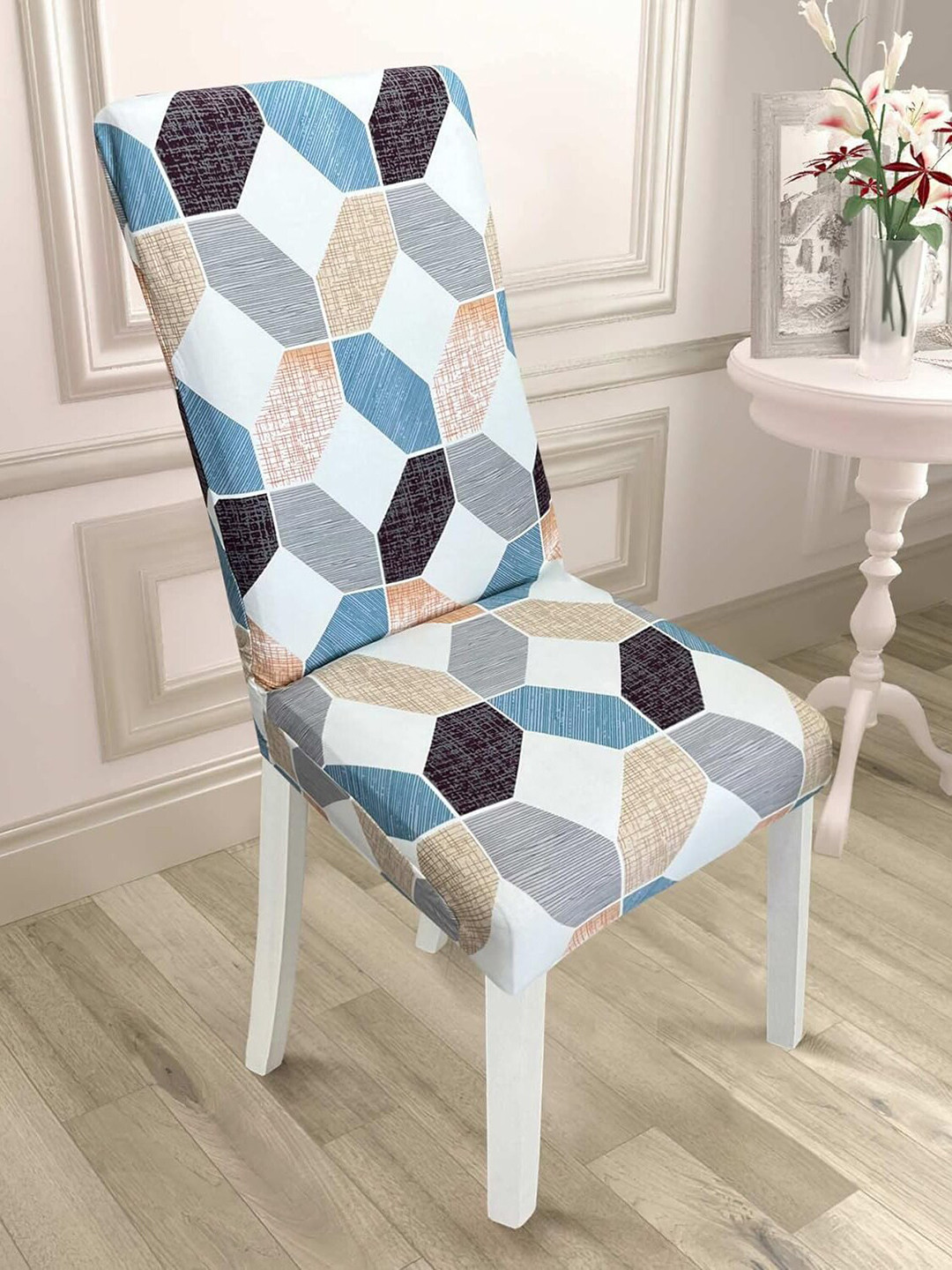HOUSE OF QUIRK White & Blue Geometric Printed Square Elastic Chair Cover