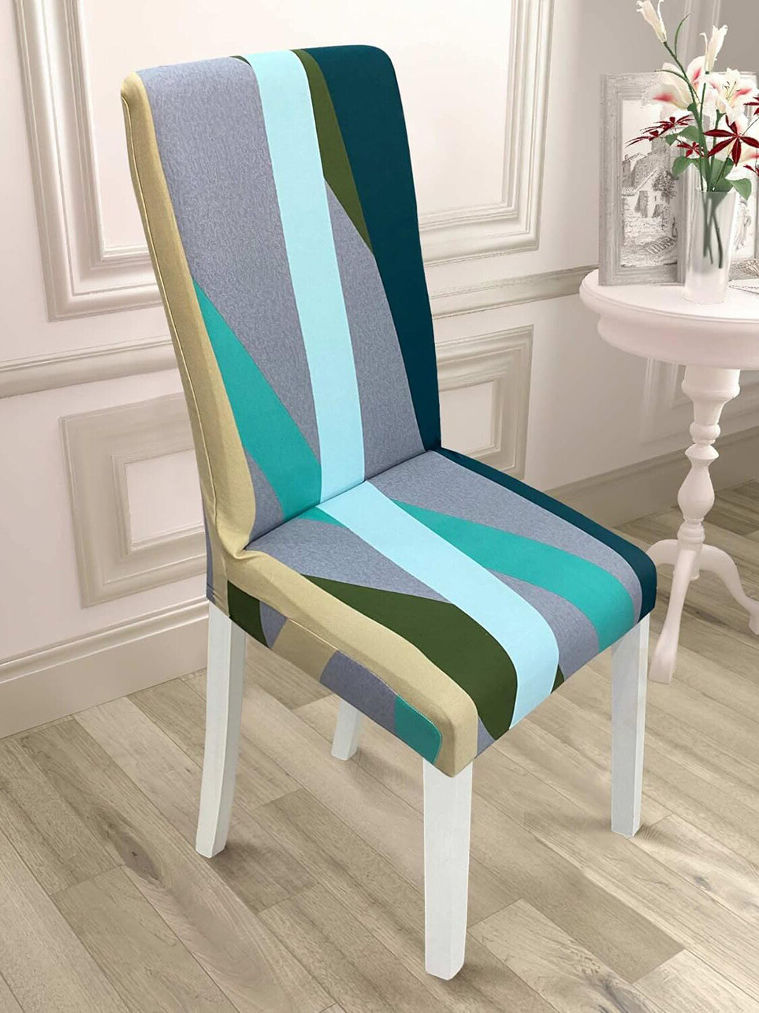HOUSE OF QUIRK Green & Blue Striped Square Elastic Chair Cover