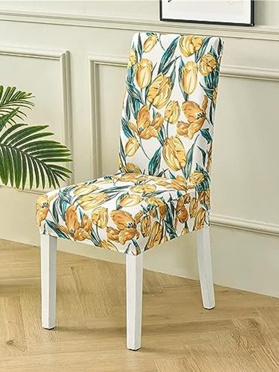 HOUSE OF QUIRK 6-Pcs White & Orange Floral Print Removable Elastic Chair Covers