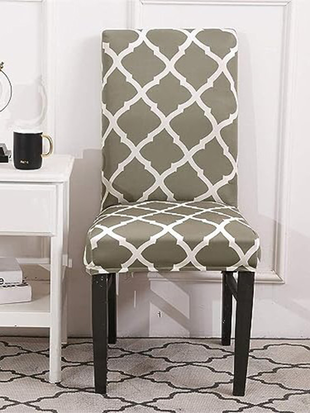 HOUSE OF QUIRK Grey & White Printed Square Removable Elastic Chair Cover