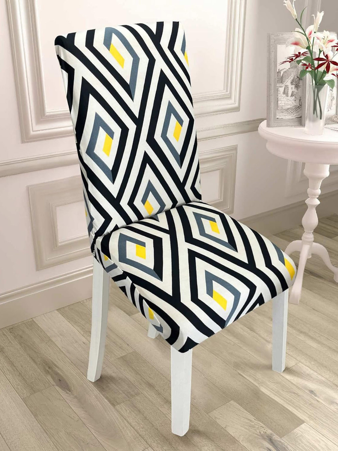 HOUSE OF QUIRK Black & White 4 Pieces Printed Removable Elastic Chair Covers