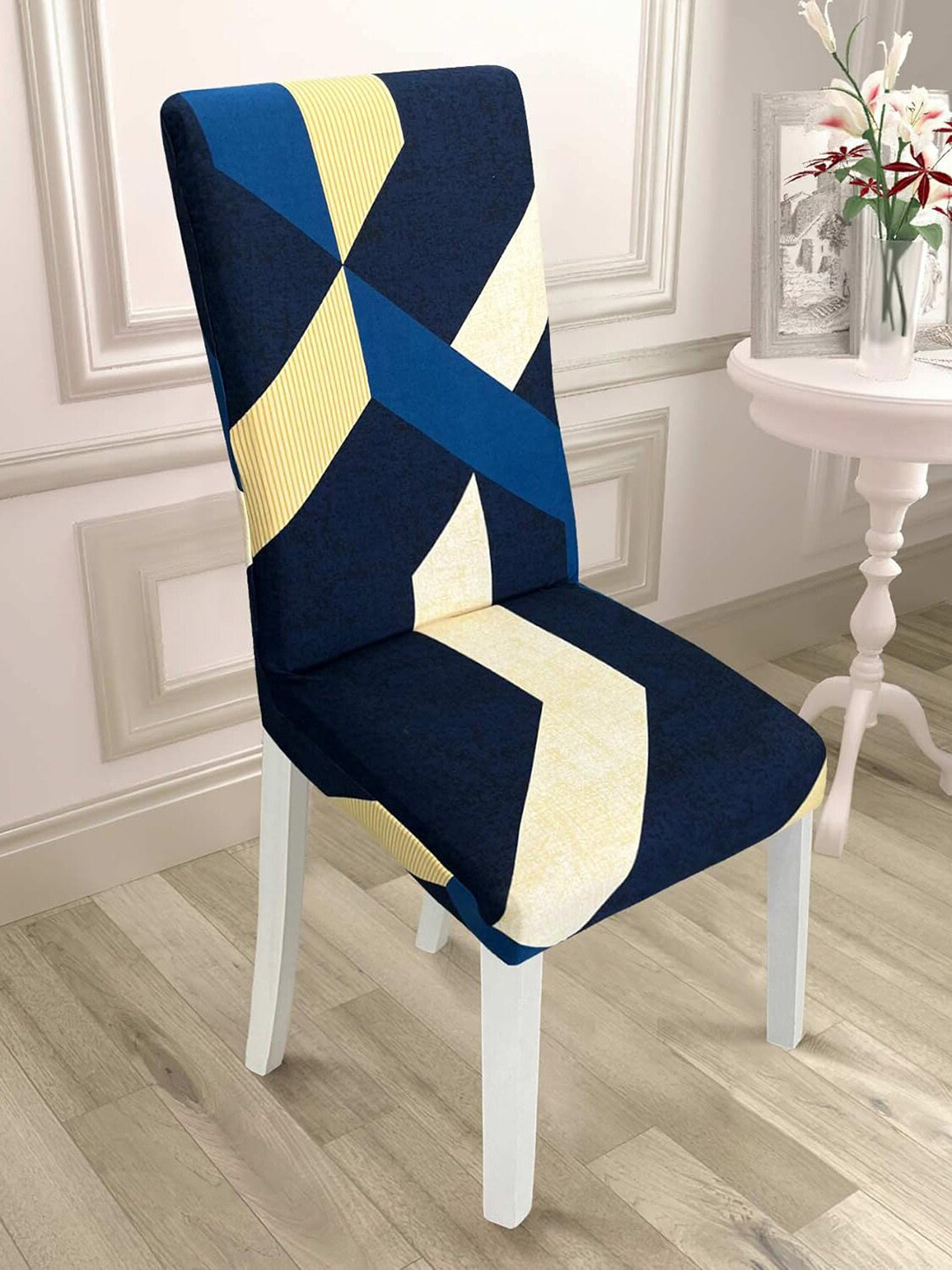 HOUSE OF QUIRK Navy Blue & Beige Printed Square Removable Elastic Chair Cover