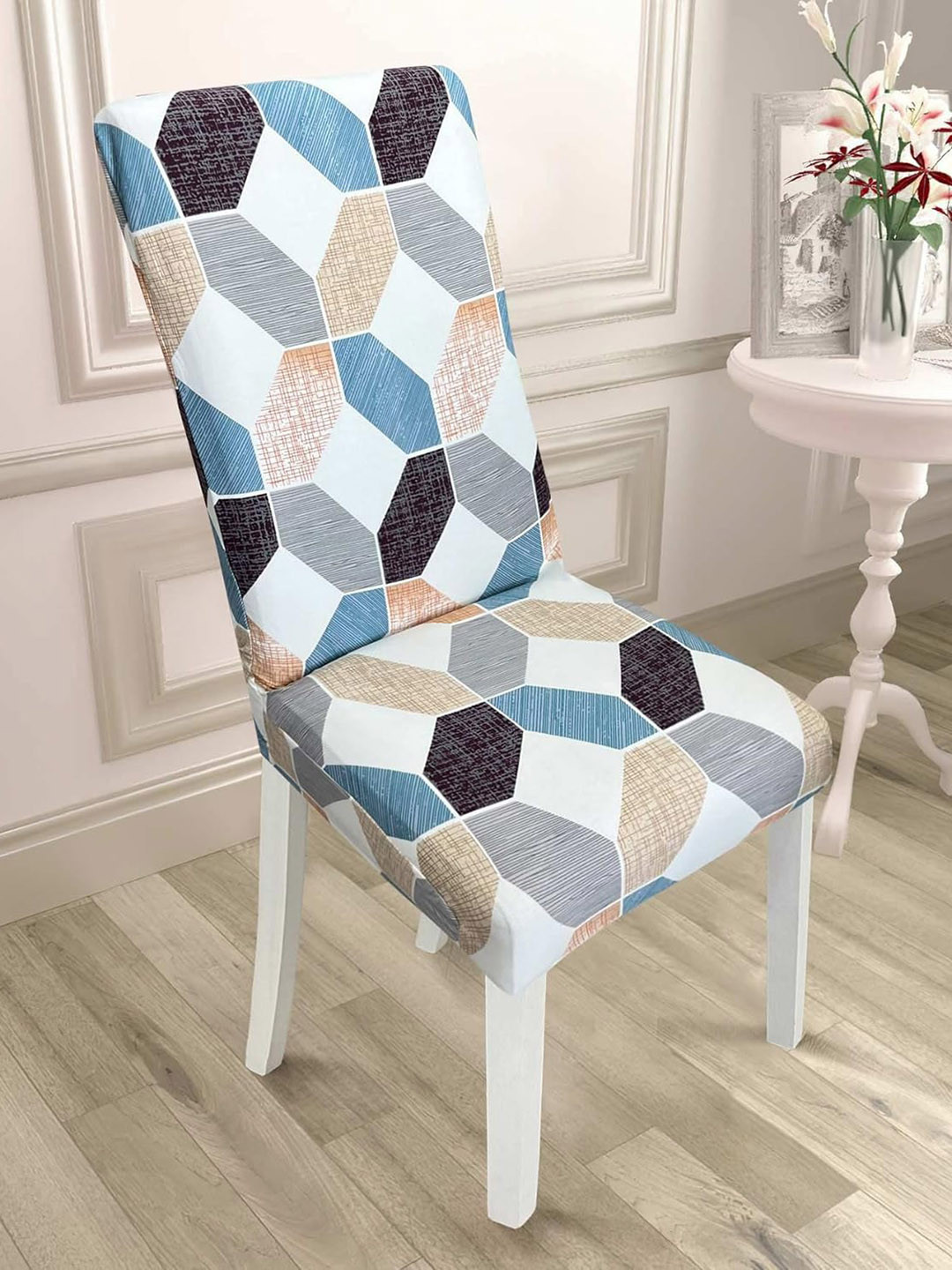 HOUSE OF QUIRK White & Blue Printed Removable Elastic Chair Covers