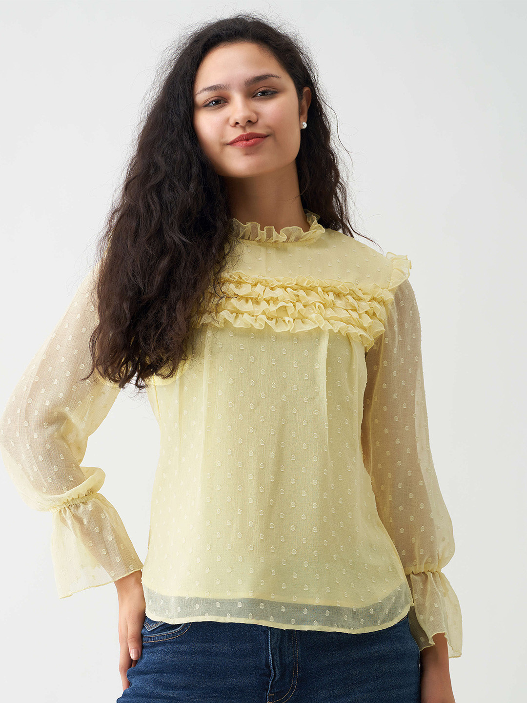 AASK Self Design Puff Sleeves Ruffle Top