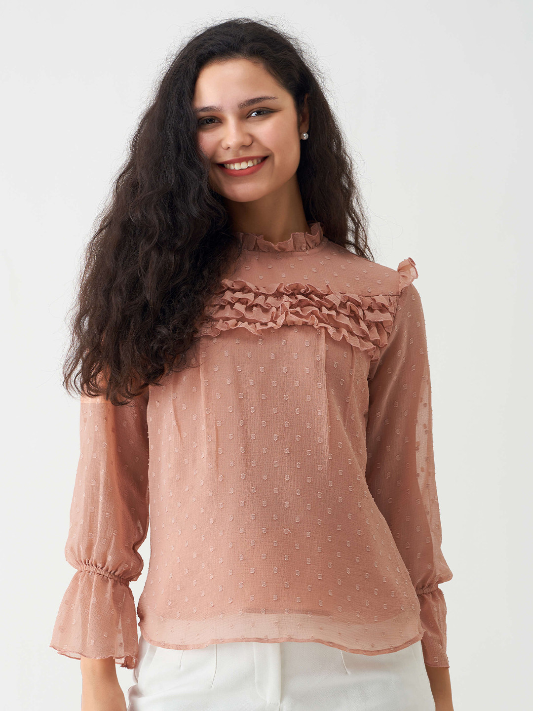 AASK Self Design Puff Sleeves Ruffle Top