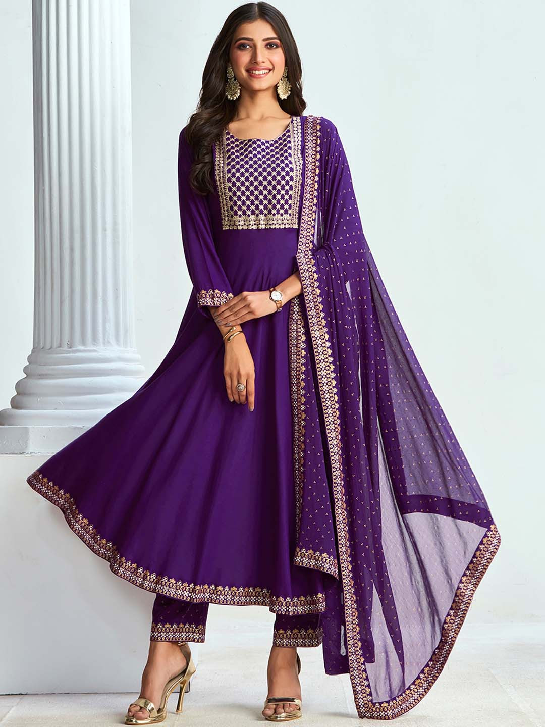 Sangria Embroidered Anarkali Kurta With Trouser & Dupatta Set