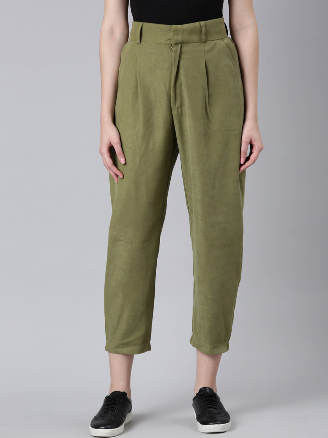 SHOWOFF Women Straight Fit Wrinkle Free Pleated Cotton Cropped Peg Trousers
