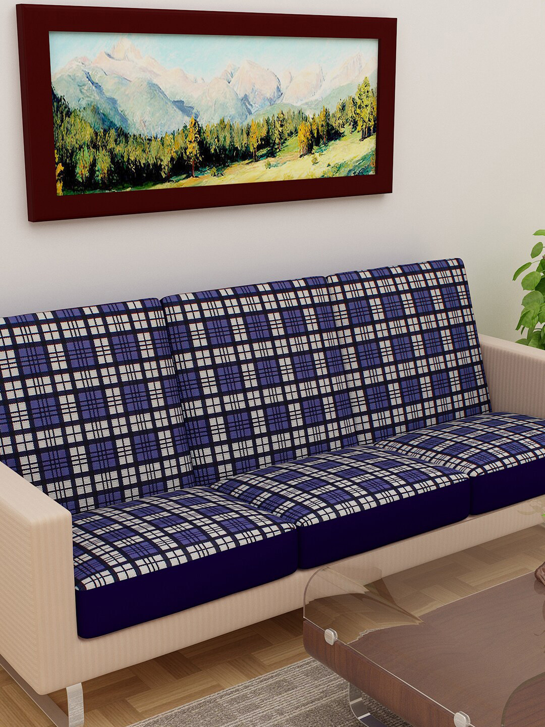 DREAM CARE Blue & Grey Printed Cotton 3 Seater Sofa Cover