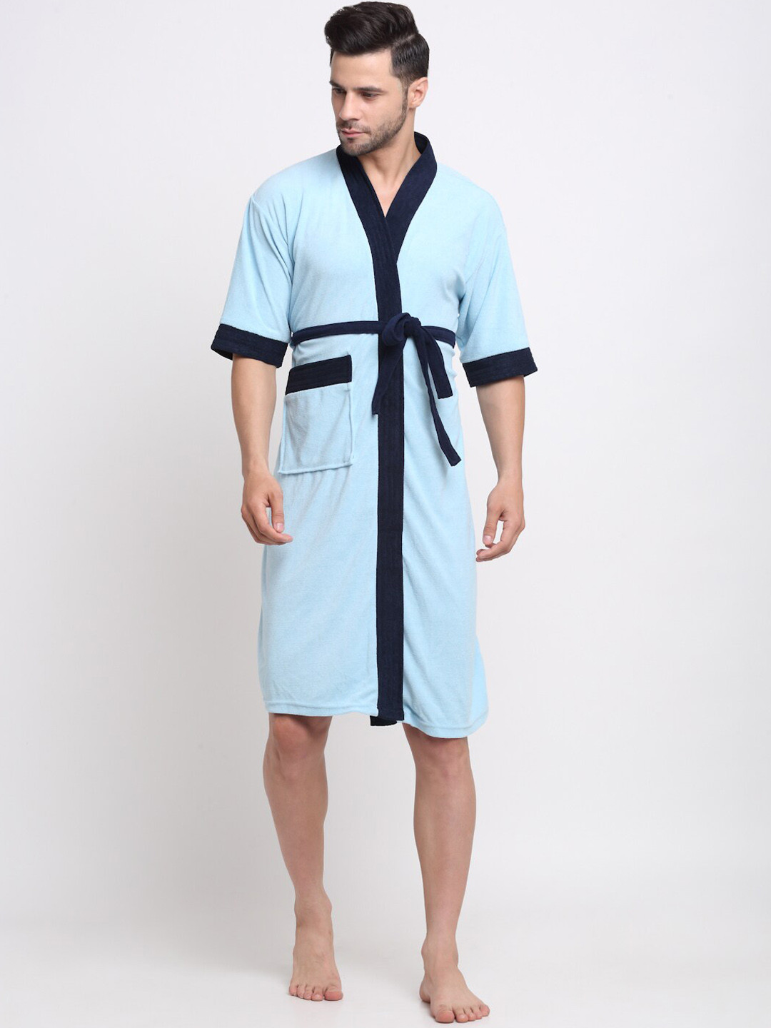 Creeva Everyday Navy Blue Solid Terrycloth Drawstring Knee Length Bath Robe