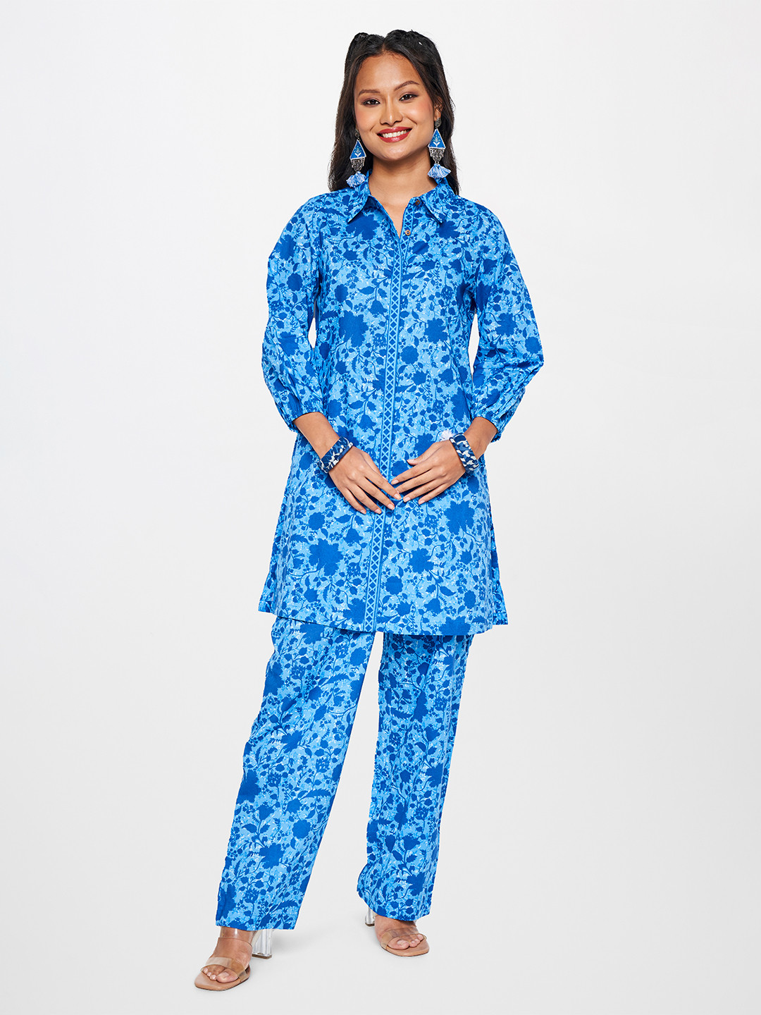Global Desi Floral Printed Pure Cotton Longline Shirt & Trouser Co-ords Set