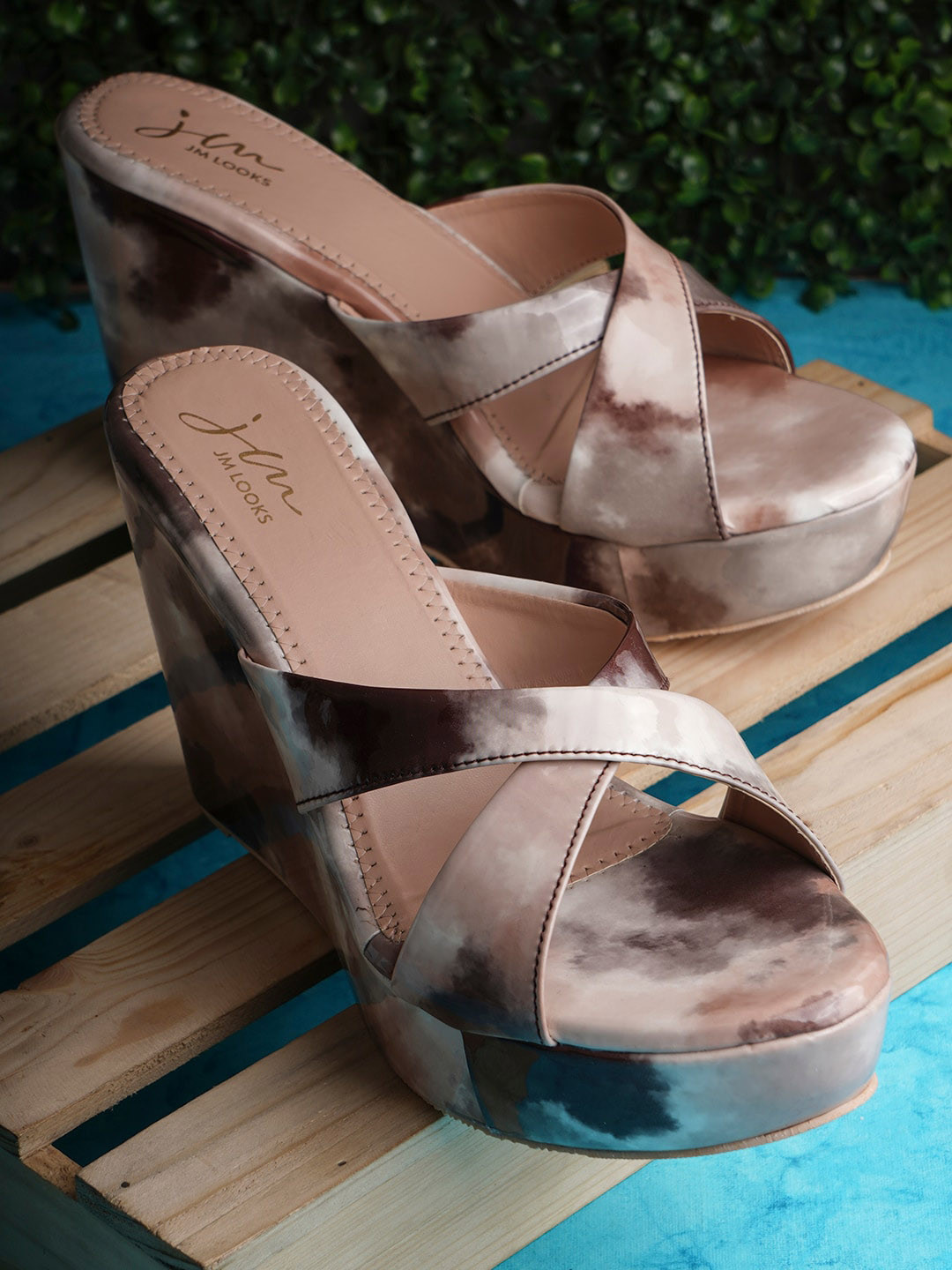 JM Looks Cream Printed Cross Strap Embellished Wedges