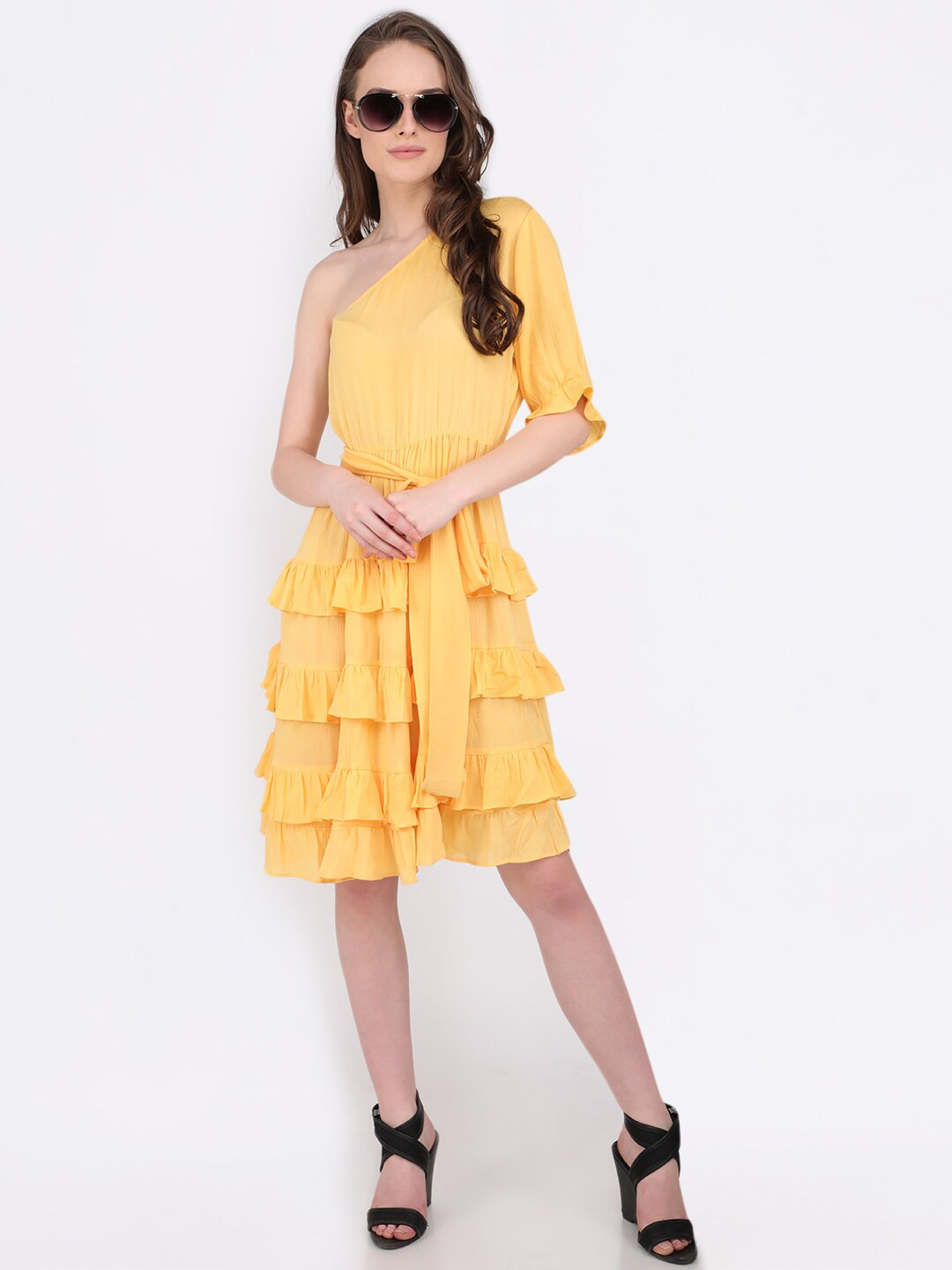 MARC LOUIS One Shoulder Puff Sleeves Layered Cotton Fit & Flare Dress