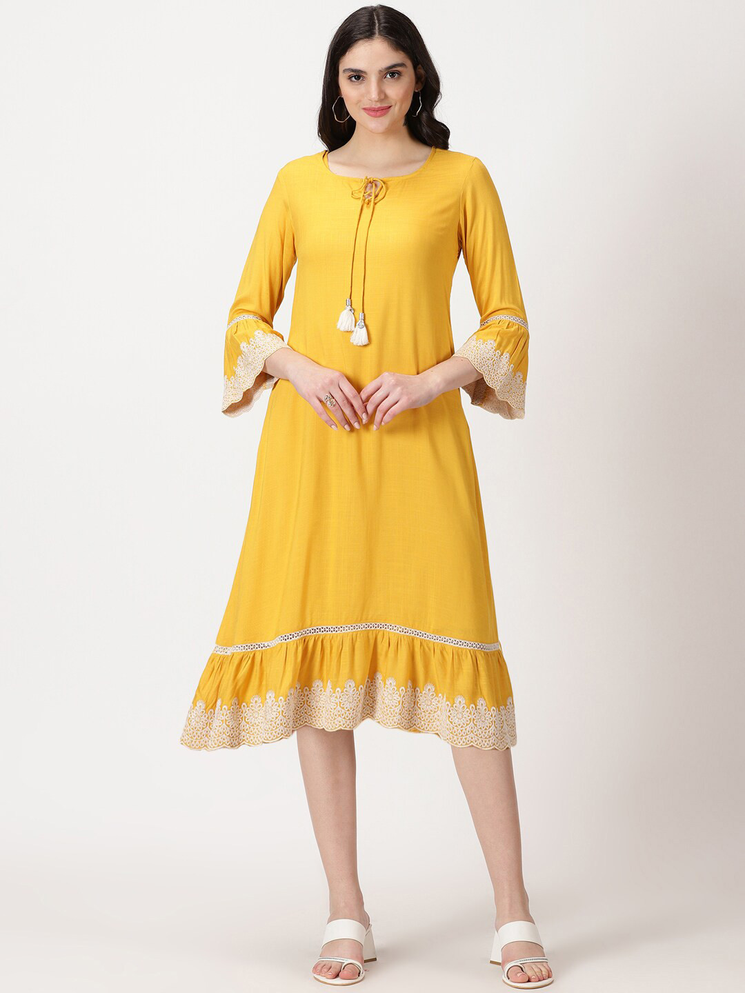 Saffron Threads Tie-Up Neck A-Line Midi Dress with Lace Insert & Embroidered Detail